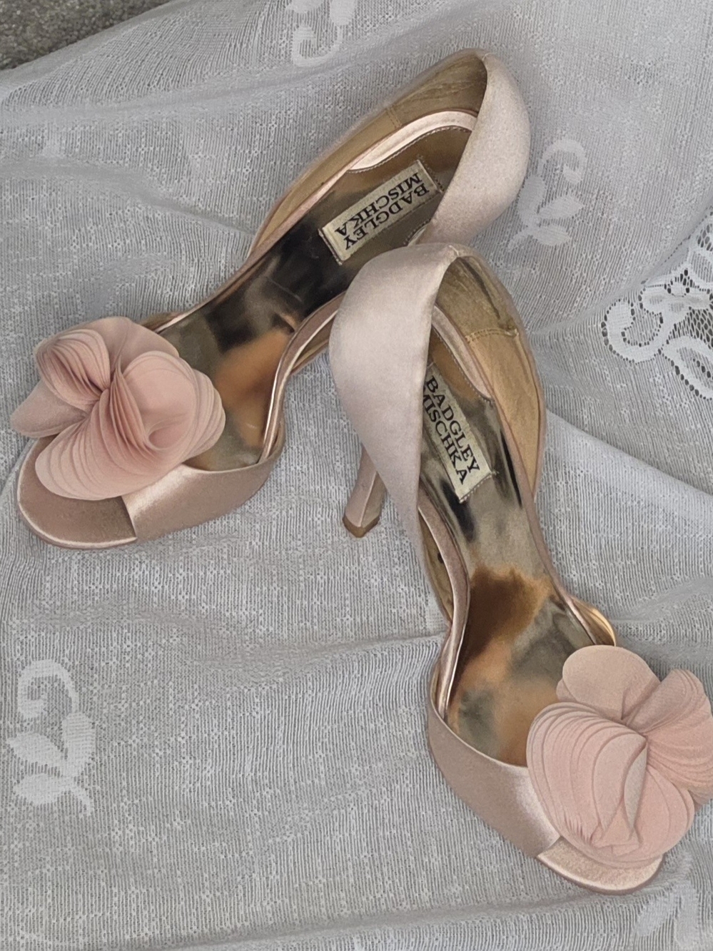 Badgley Mischka Blush Satin Peep-Toe Heels with Floral Applique